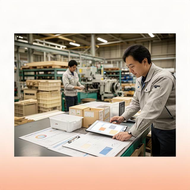 製造現場の担当者が工場内の作業台で生産計画と在庫の記録を確認している様子